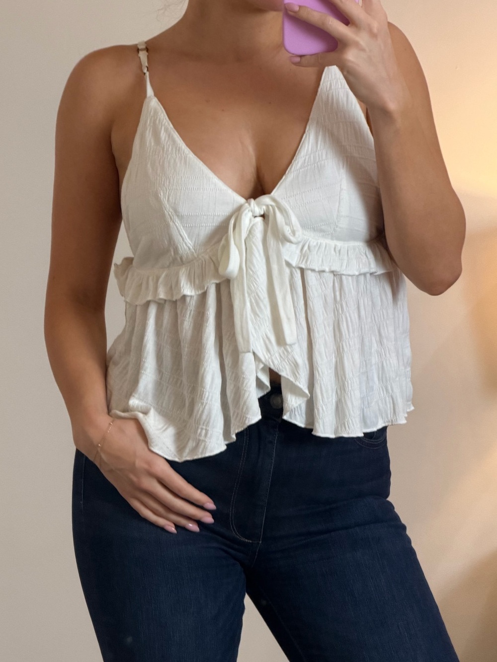 Free Peopl White Ruffle Tie-Front Top